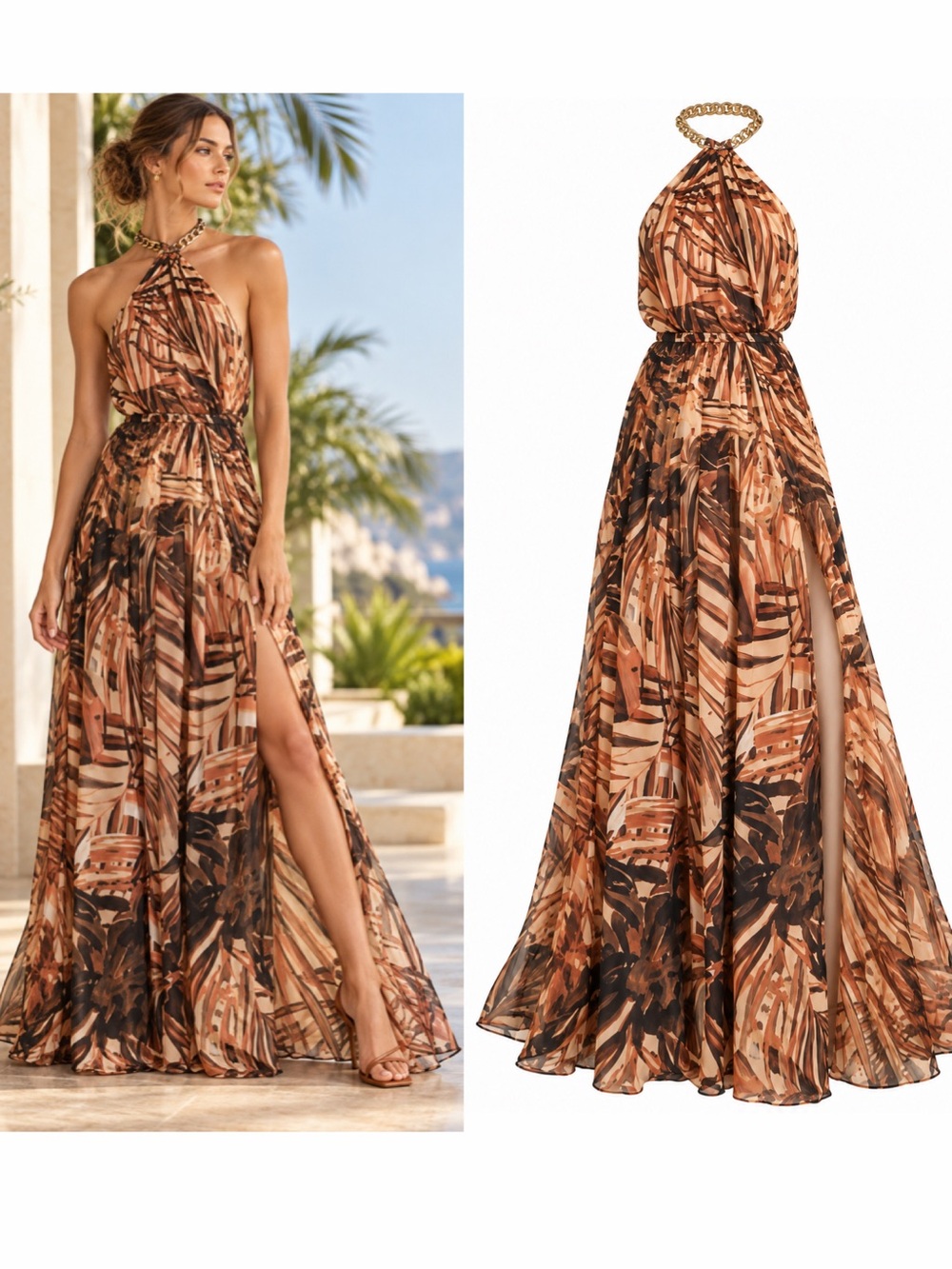 Bronx & Banco Brown Tropical Print Halter Maxi Dress M Resort NWT 🟠